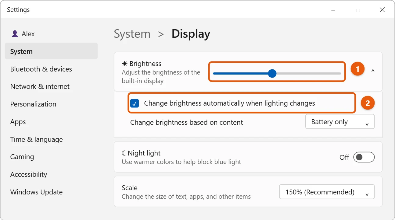 How to Change the Brightness in Windows 11 2 Windows 11 Display settings with Brightness expanded, the slider and the automatic brightness option highlighted