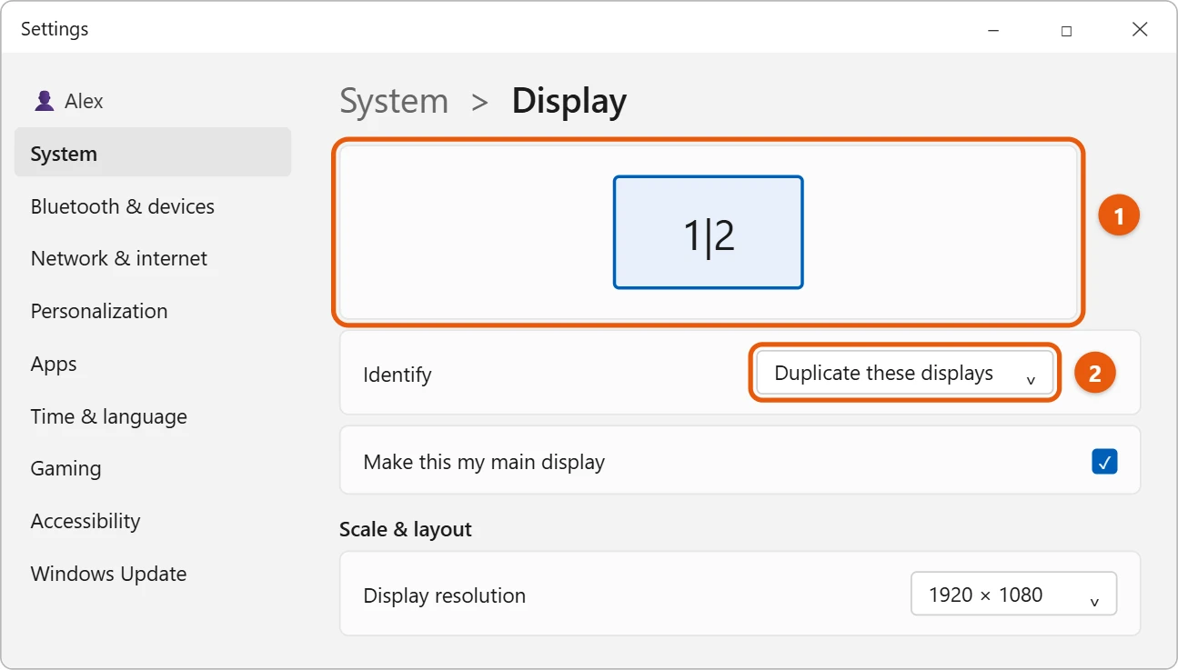 How to Duplicate Your Screen in Windows 11 2 Windows 11 Display settings showing duplicated displays and the Duplicate these displays option