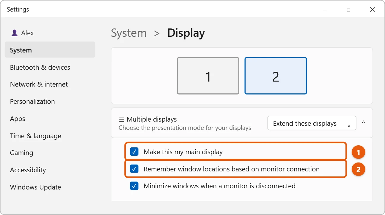How to Close Your Laptop and Keep Using a Monitor in Windows 11 2 Illustration of Windows 11 Settings Display page with monitor 2 selected and Make this my main display and Remember window locations based on monitor connection checked under Multiple displays