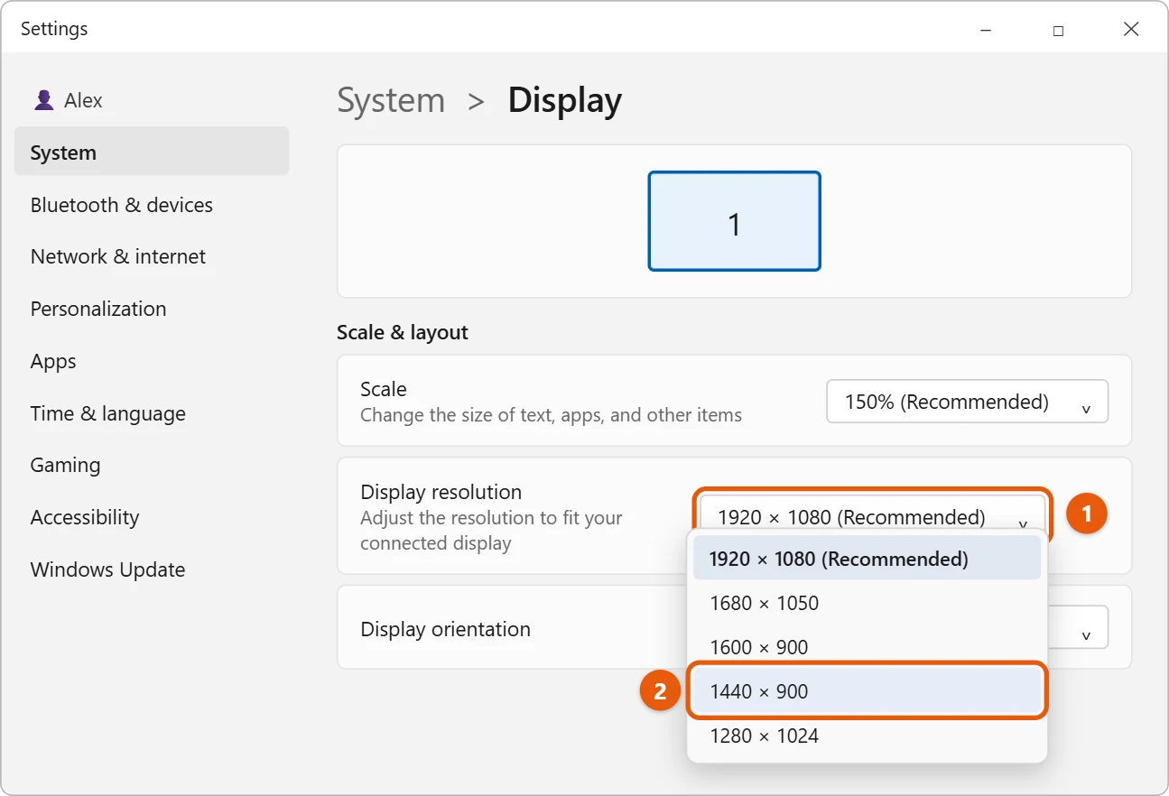 How to Set a Custom Resolution in Windows 11 1 Illustration of Windows 11 Settings Display page with the Display resolution list open and a lower resolution highlighted