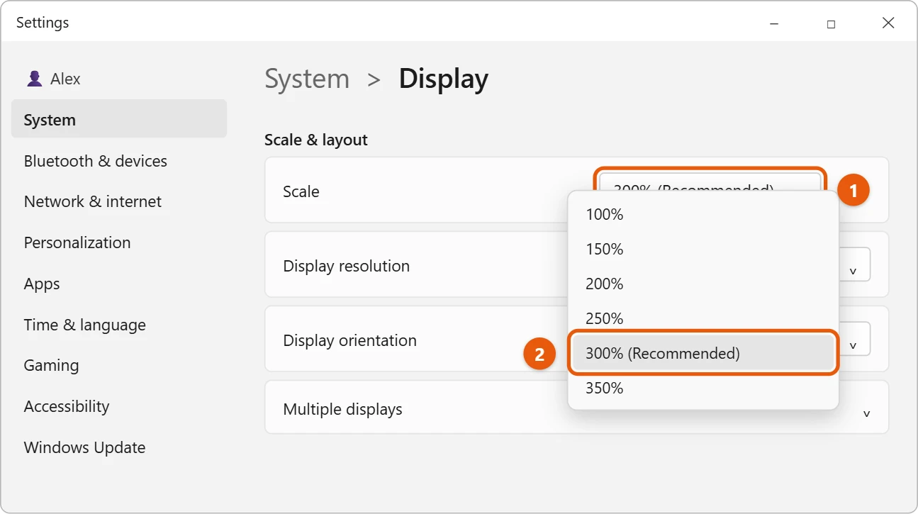 How to Fit Your PC Screen to a TV in Windows 11 2 Windows 11 Scale list open with 300% Recommended highlighted