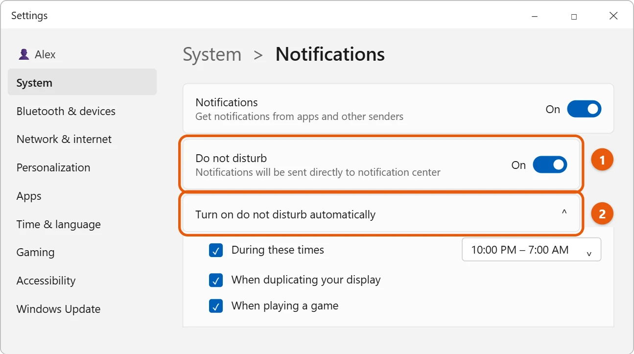 How to Turn Off Notifications in Windows 11 2 Windows 11 Notifications settings with Do not disturb turned on and the automatic options open