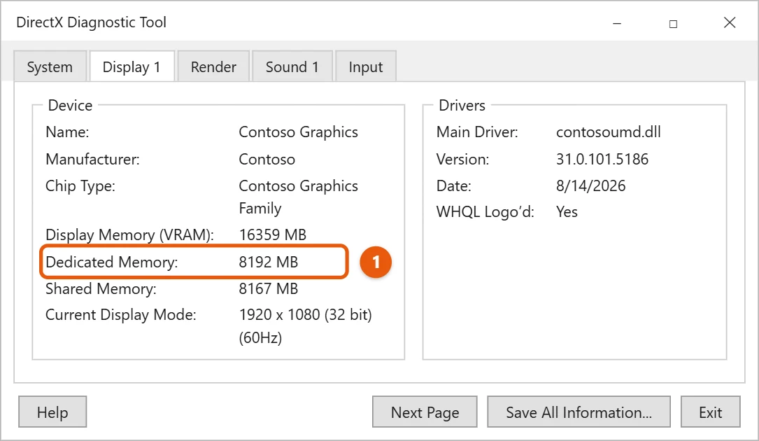 How to Check VRAM in Windows 11 3 Illustration of the DirectX Diagnostic Tool Display 1 tab in Windows 11 with Dedicated Memory highlighted