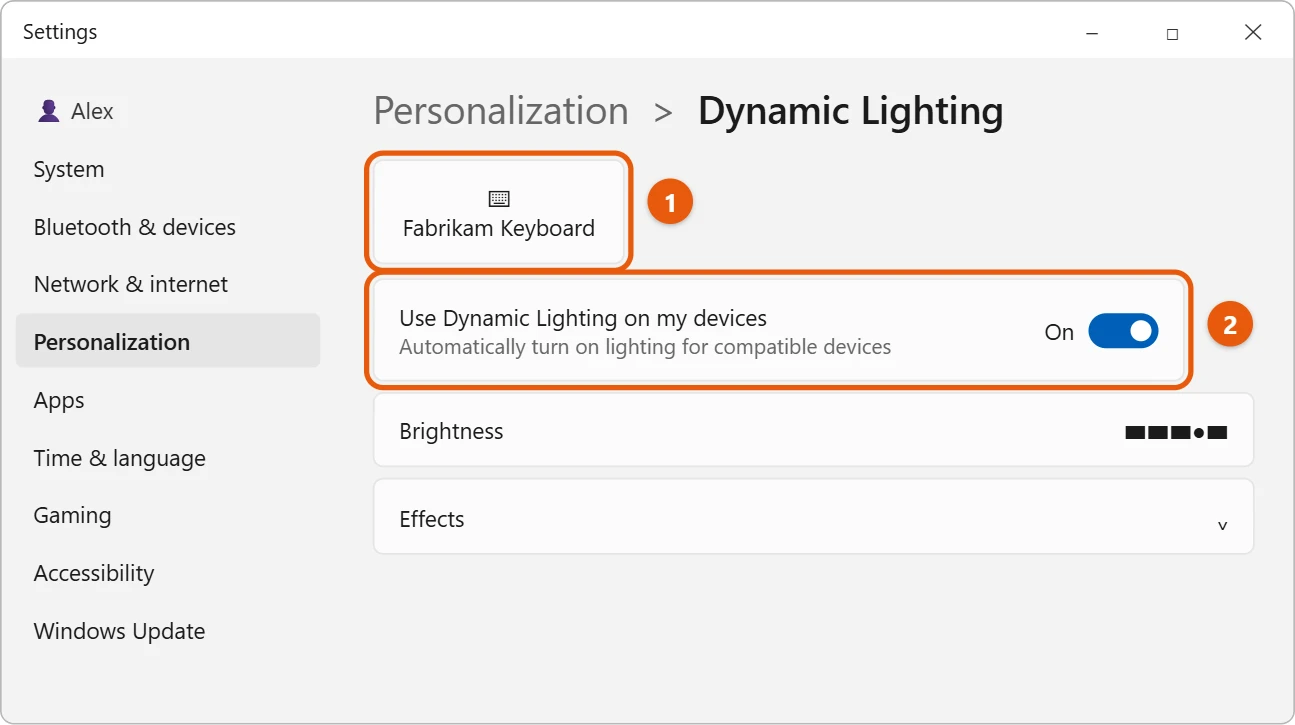 How to Change the Keyboard Light Color in Windows 11 1 Windows 11 Dynamic Lighting settings with a keyboard card and the Use Dynamic Lighting on my devices switch highlighted