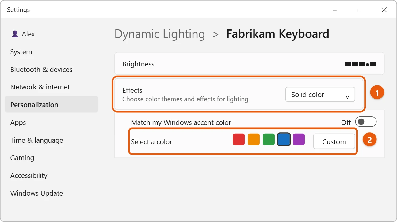 How to Change the Keyboard Light Color in Windows 11 2 Dynamic Lighting settings for a keyboard with Effects set to Solid color and a row of color choices highlighted