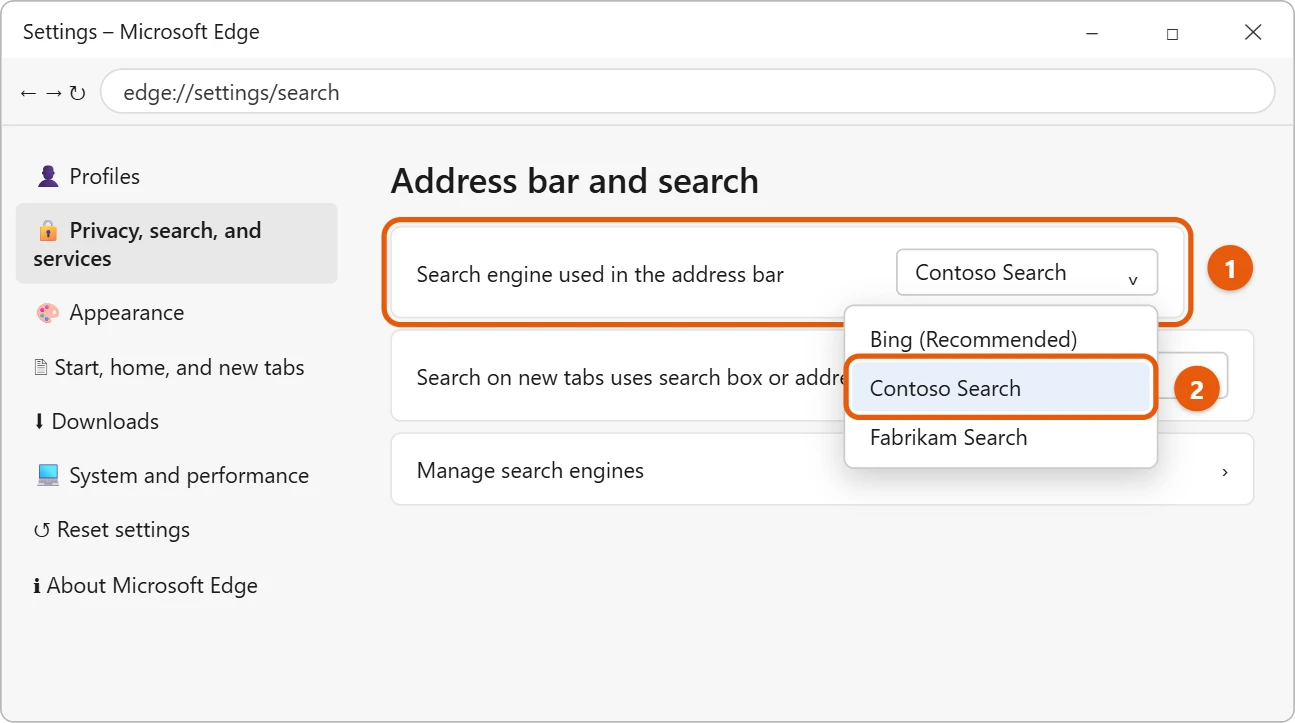 How to Make Google the Default Search Engine in Windows 11 2 Microsoft Edge Address bar and search settings with the search engine list open and a search engine selected