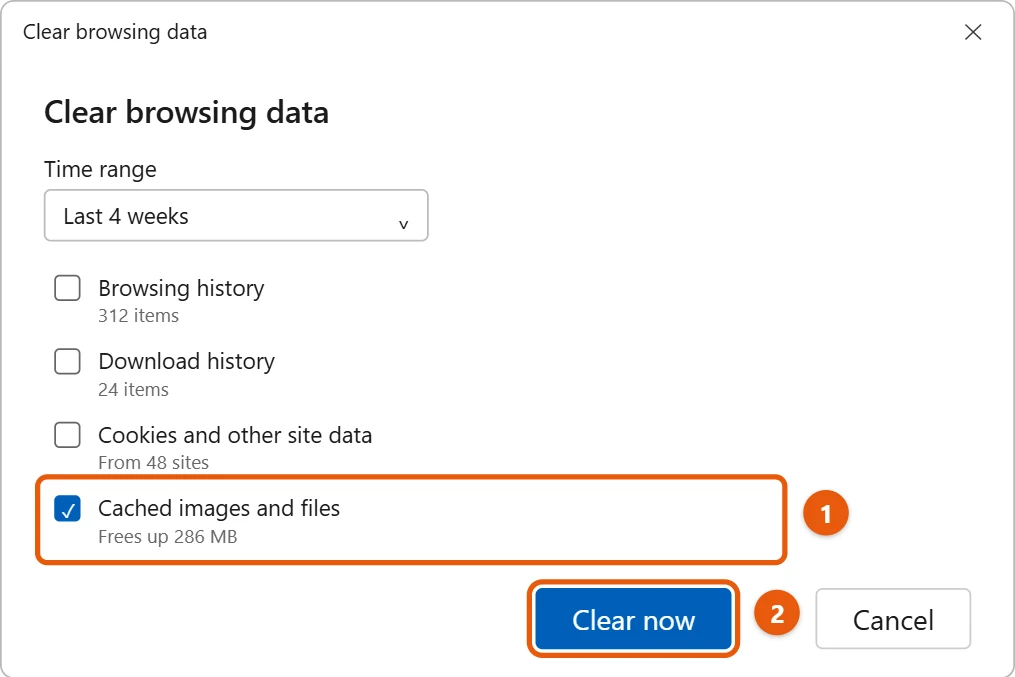 How to Clear Cache in Windows 11 2 Microsoft Edge Clear browsing data window with Cached images and files checked