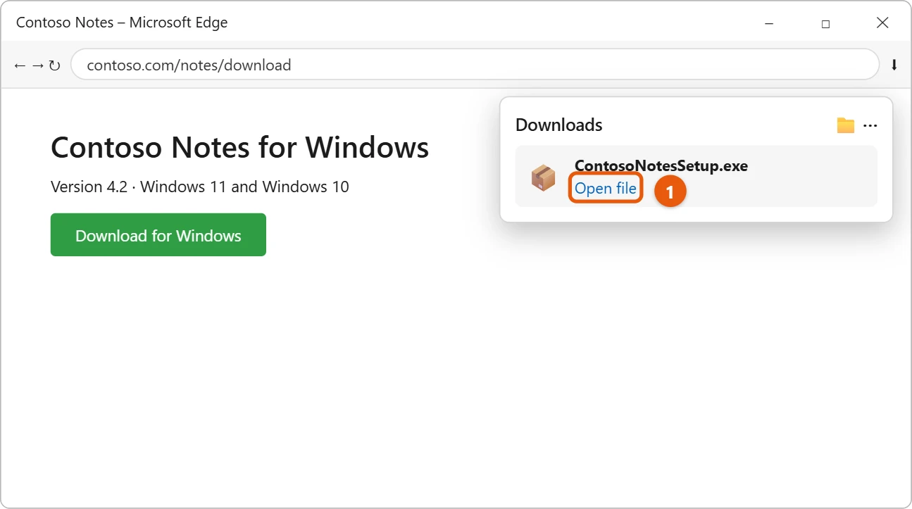 How to Install Programs on Windows 11 2 Microsoft Edge downloads list with an installer file and Open file highlighted