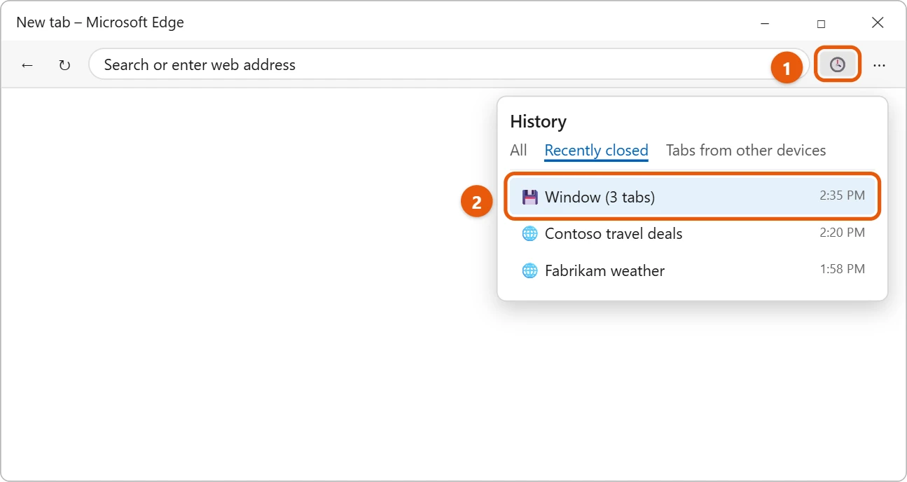 How to Reopen a Closed Window in Windows 11 1 Microsoft Edge History panel on the Recently closed tab with a closed window highlighted