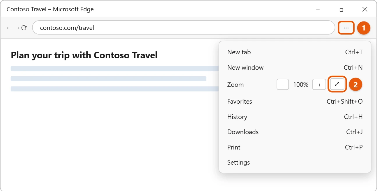 How to Go Full Screen in Windows 11 1 Microsoft Edge Settings and more menu with the full screen button next to Zoom highlighted
