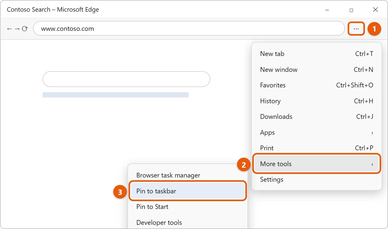 How to Pin Google to the Taskbar in Windows 11 1 Illustration of the Microsoft Edge menu with More tools open and Pin to taskbar highlighted