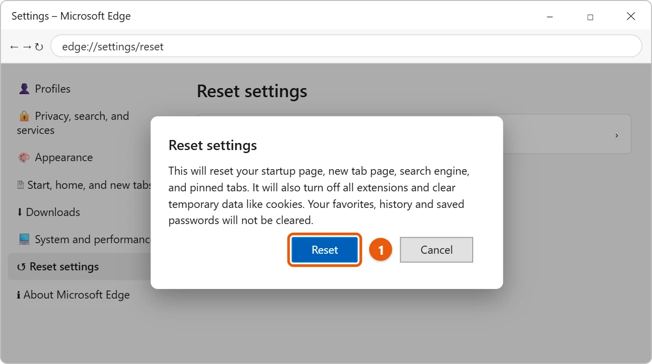 How to Reset Microsoft Edge Settings in Windows 11 2 Microsoft Edge Reset settings dialog explaining what is reset, with the Reset button highlighted