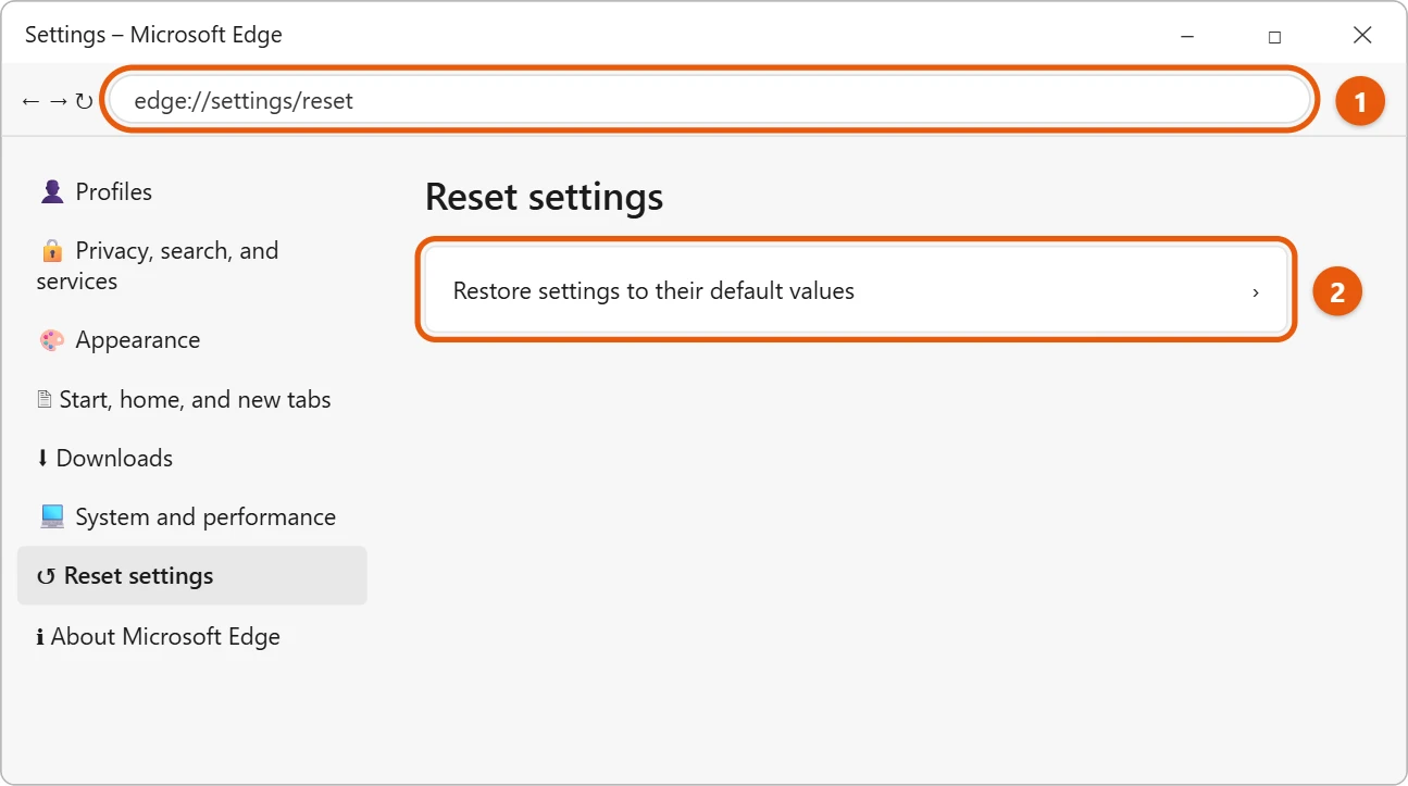 How to Reset Microsoft Edge Settings in Windows 11 1 Microsoft Edge settings open at edge://settings/reset with Restore settings to their default values highlighted