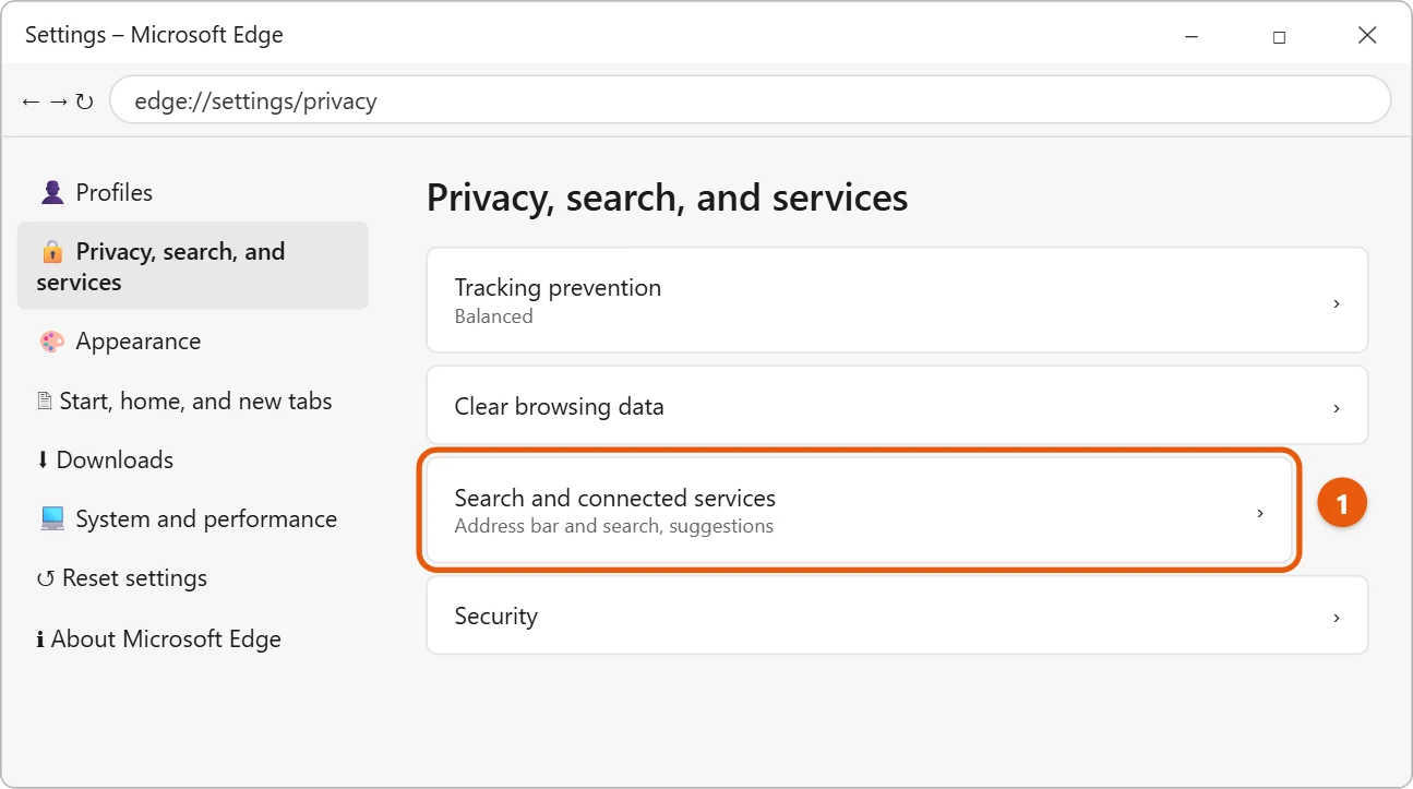 How to Make Google the Default Search Engine in Windows 11 1 Microsoft Edge Privacy, search, and services settings with Search and connected services highlighted