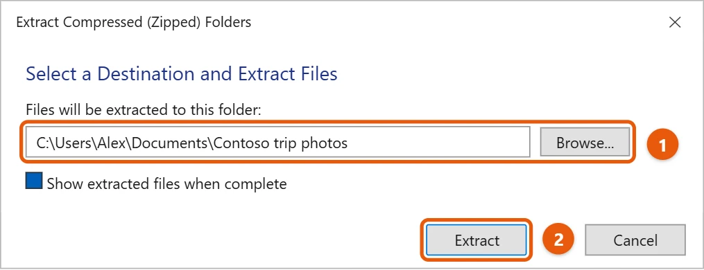How to Zip and Unzip Files in Windows 11 2 Extract Compressed Folders dialog with the destination folder and the Extract button highlighted