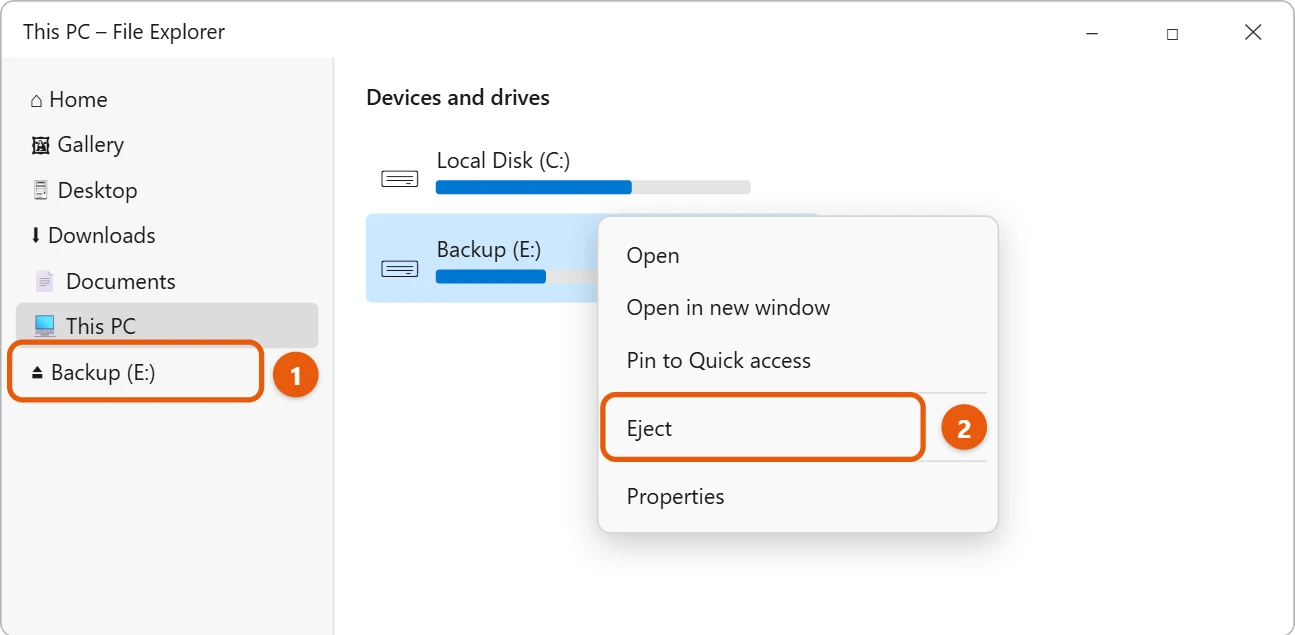 How to Safely Eject an External Hard Drive or USB in Windows 11 2 File Explorer with an external drive right-clicked and Eject highlighted