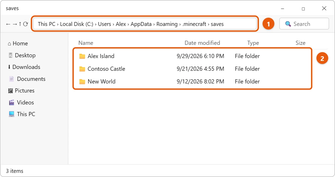 Where Minecraft Saves Worlds on Windows 11 1 Illustration of File Explorer showing the .minecraft saves folder with one folder for each Java Edition world