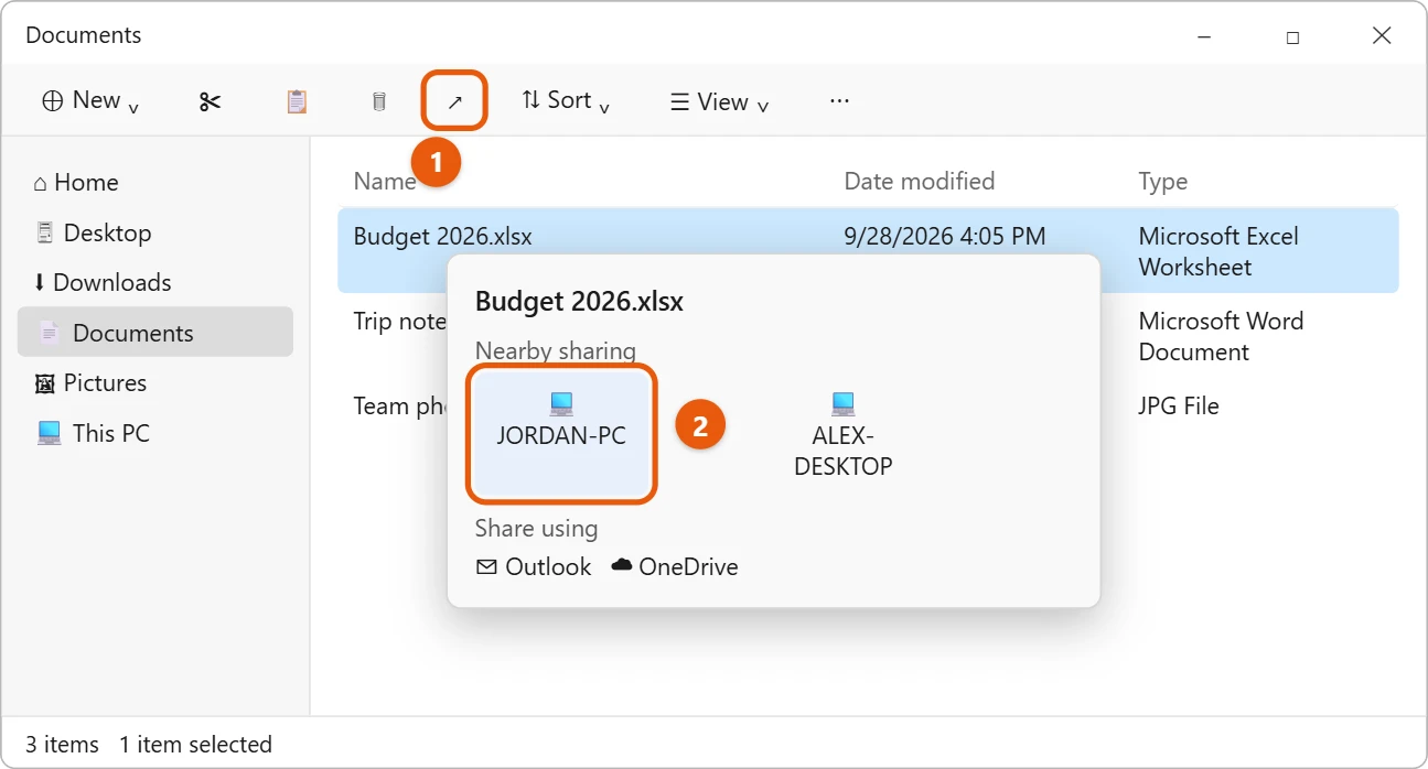 How to Transfer Files from PC to PC in Windows 11 2 File Explorer Share window listing nearby PCs with JORDAN-PC highlighted
