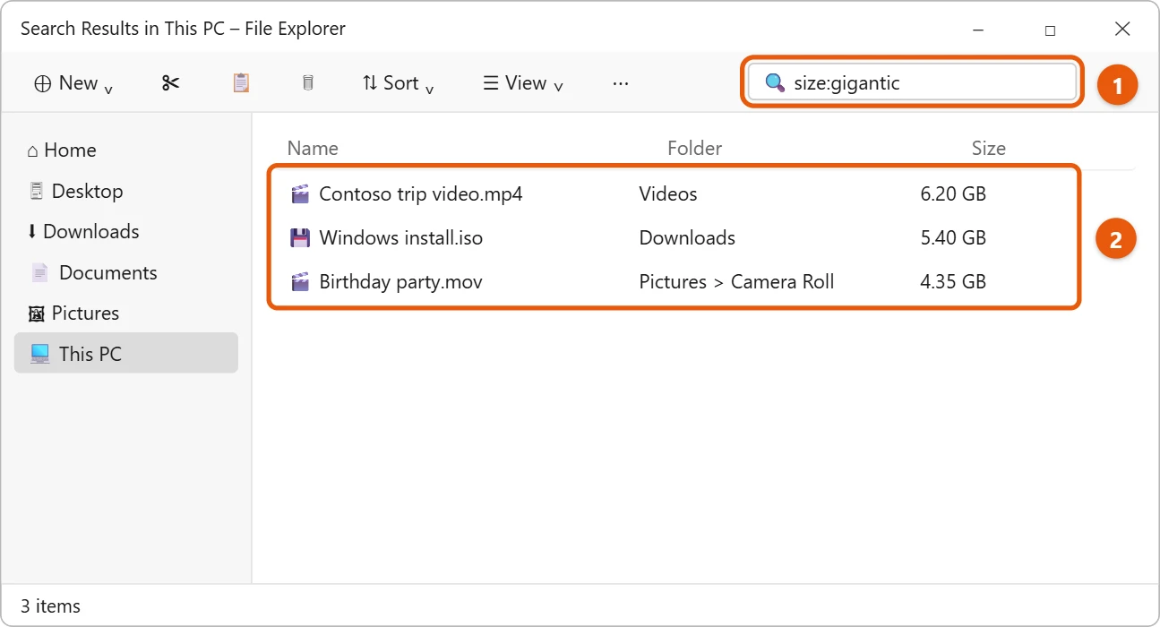 How to Find Large Files in Windows 11 2 File Explorer search results for size:gigantic with the file sizes shown
