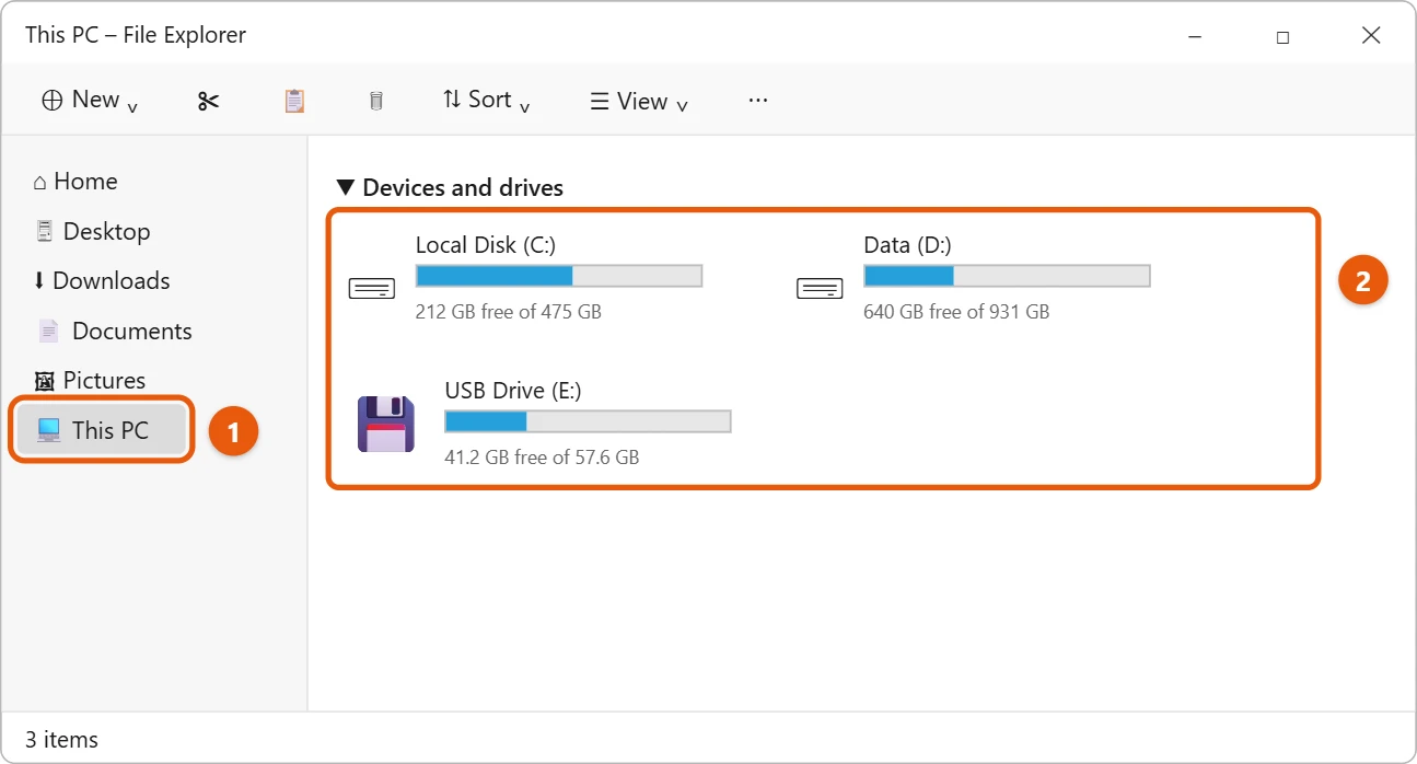 How to Find Your Hard Drive on a Windows 11 PC 1 File Explorer This PC showing Local Disk C, Data D and a USB drive