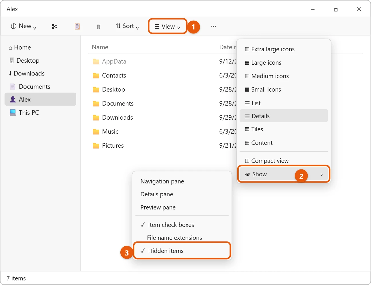 How to Show Hidden Folders in Windows 11 1 Illustration of Windows 11 File Explorer with the View menu open, the Show submenu expanded and Hidden items checked, and a faded hidden folder in the list