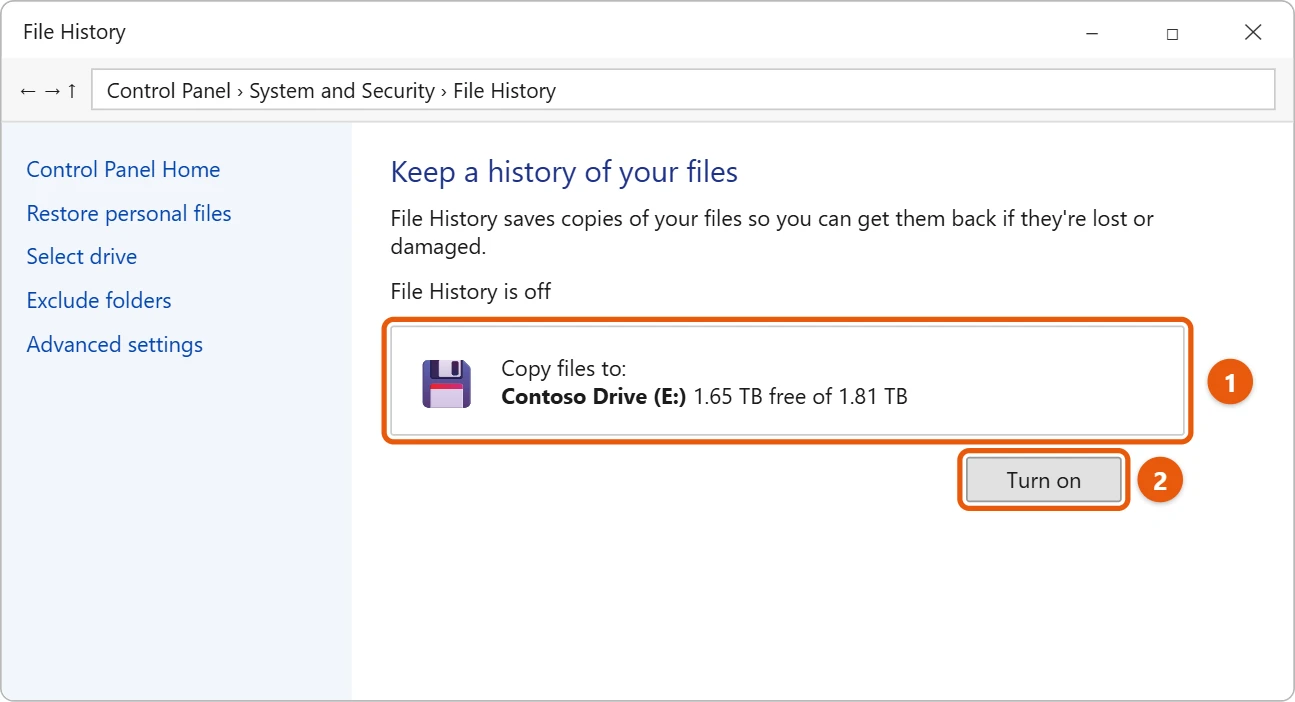 How to Use a WD My Passport Drive on Windows 11 2 Illustration of the File History window in Control Panel with an external drive selected and the Turn on button highlighted