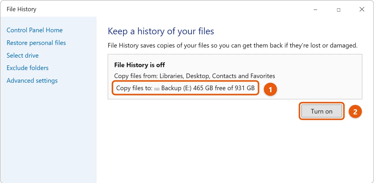 How to Back Up Files in Windows 11 2 File History in Control Panel with the backup drive and the Turn on button highlighted