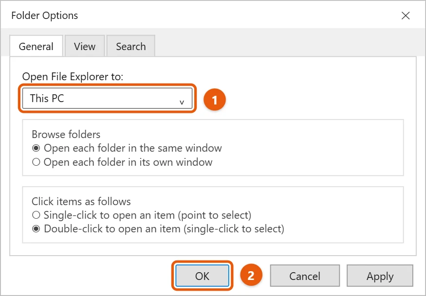 How to Get to This PC in Windows 11 2 Folder Options General tab with Open File Explorer to set to This PC