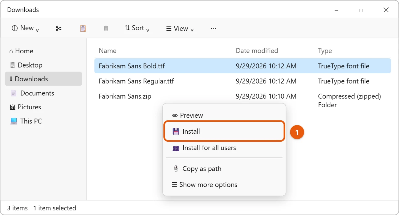 How to Install Fonts on Windows 11 1 File Explorer Downloads folder with a TrueType font file selected and Install highlighted in the right-click menu