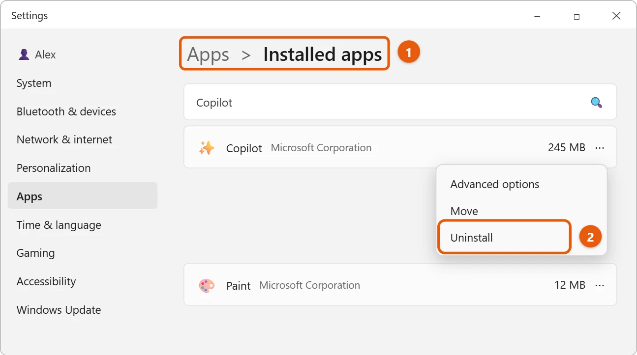 How to Uninstall Copilot in Windows 11 1 Windows 11 Installed apps with the Copilot app menu open and Uninstall highlighted