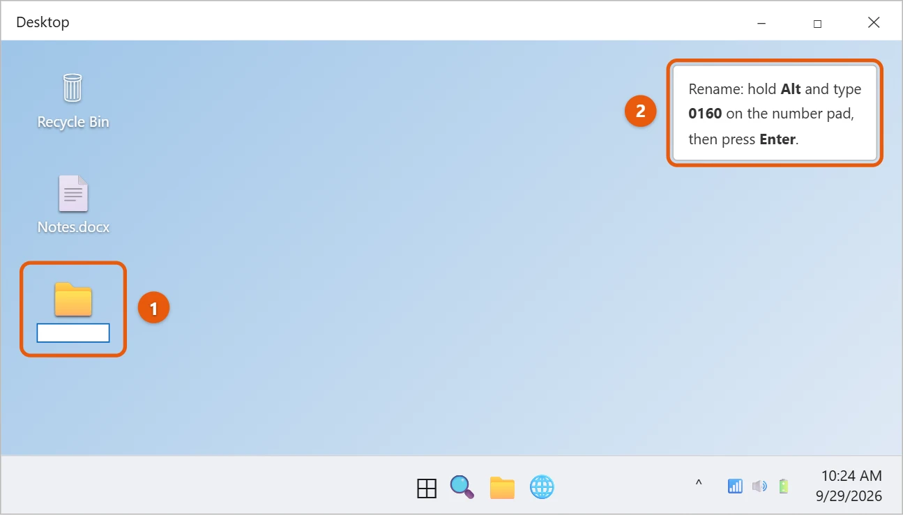 How to Make an Invisible Folder in Windows 11 1 Windows 11 desktop with a new folder being renamed to a blank name and a note showing Alt plus 0160
