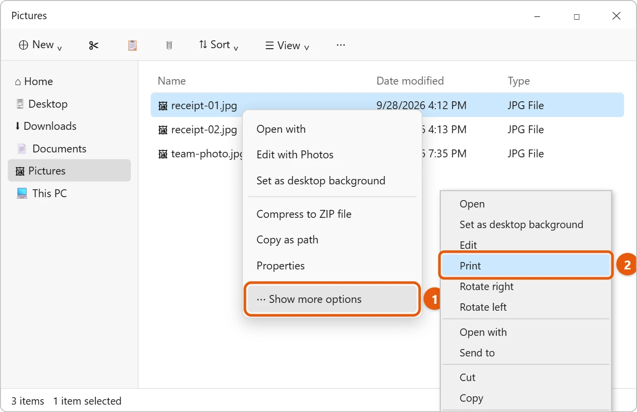 How to Convert JPG to PDF on Windows 11 1 Illustration of Windows 11 File Explorer with a JPG right-clicked, Show more options open and Print highlighted in the classic menu