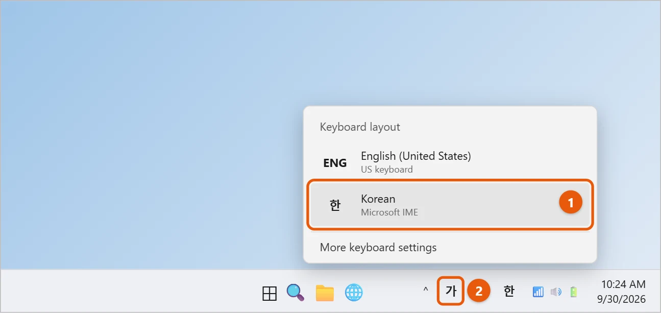 How to Add a Korean Keyboard in Windows 11 2 Illustration of the Windows 11 taskbar keyboard layout menu with Korean Microsoft IME selected and the Hangul input mode indicator highlighted