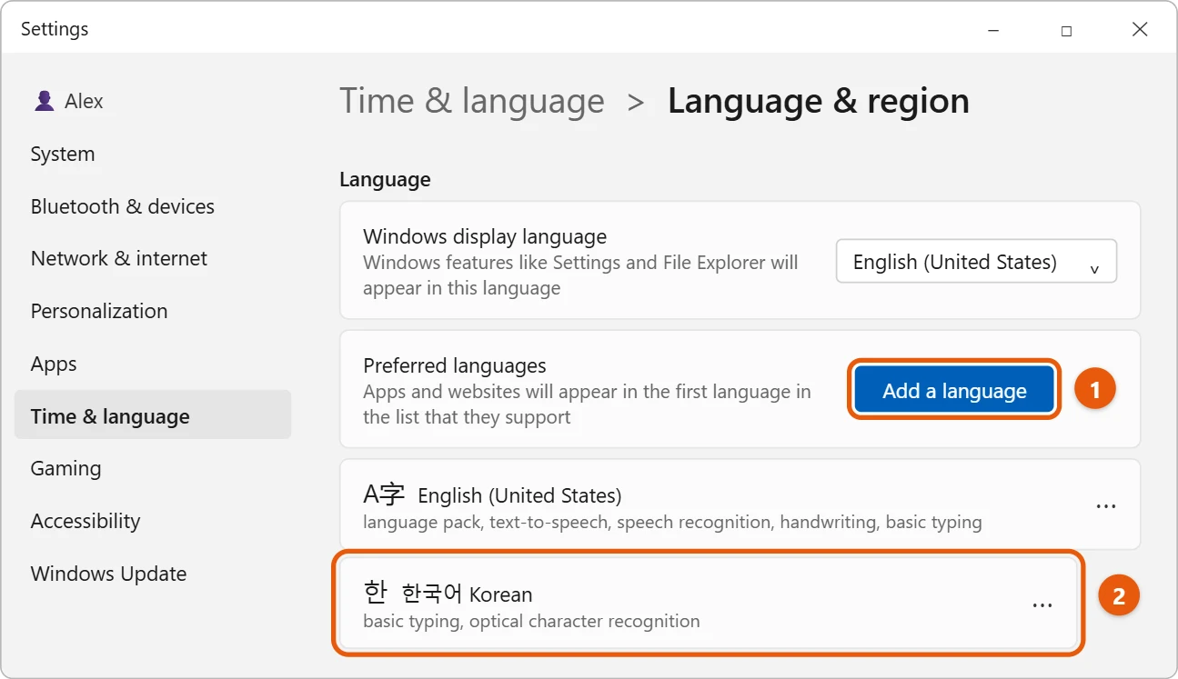 How to Add a Korean Keyboard in Windows 11 1 Illustration of Windows 11 Settings Language and region page with the Add a language button and Korean in the Preferred languages list
