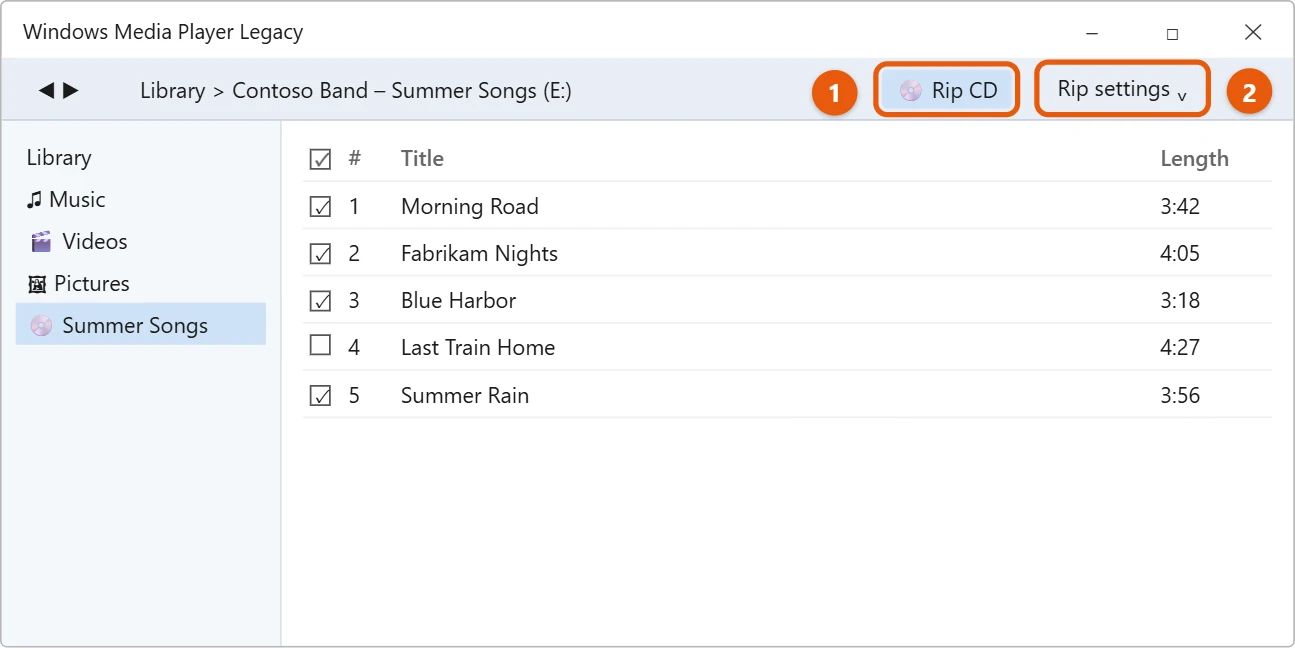 How to Rip a CD on Windows 11 1 Windows Media Player Legacy showing a CD's tracks with the Rip CD and Rip settings buttons highlighted