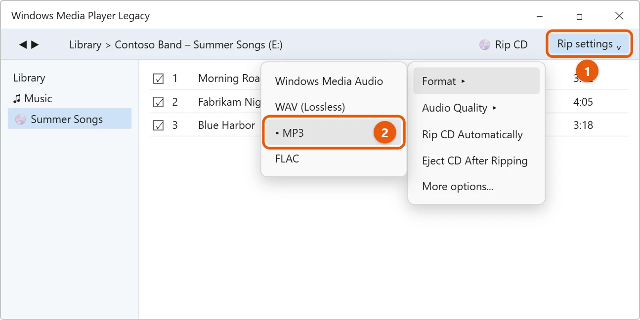 How to Rip a CD on Windows 11 2 Windows Media Player Legacy Rip settings menu with Format open and MP3 highlighted