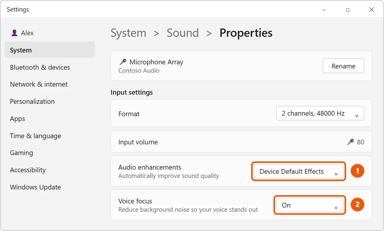 How to Turn On Noise Suppression in Windows 11 (Voice Focus) 1 Illustration of Windows 11 Settings System Sound microphone Properties page with Audio enhancements set to Device Default Effects and Voice focus set to On