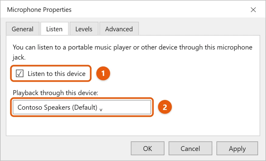 How to Play Music Through Your Mic in Windows 11 2 Illustration of Microphone Properties Listen tab with Listen to this device checked and the playback device list highlighted