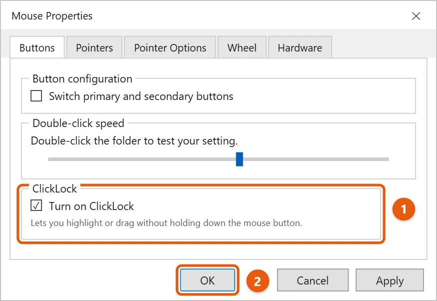 How to Program Mouse Buttons in Windows 11 2 Mouse Properties Buttons tab with Turn on ClickLock checked and the OK button highlighted