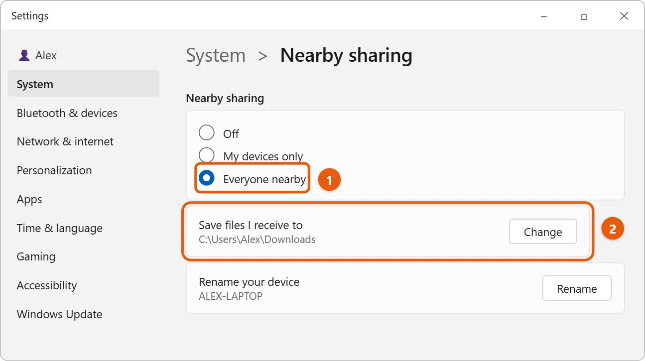 How to Transfer Files from PC to PC in Windows 11 1 Windows 11 Nearby sharing settings with Everyone nearby selected and the Save files I receive to setting highlighted