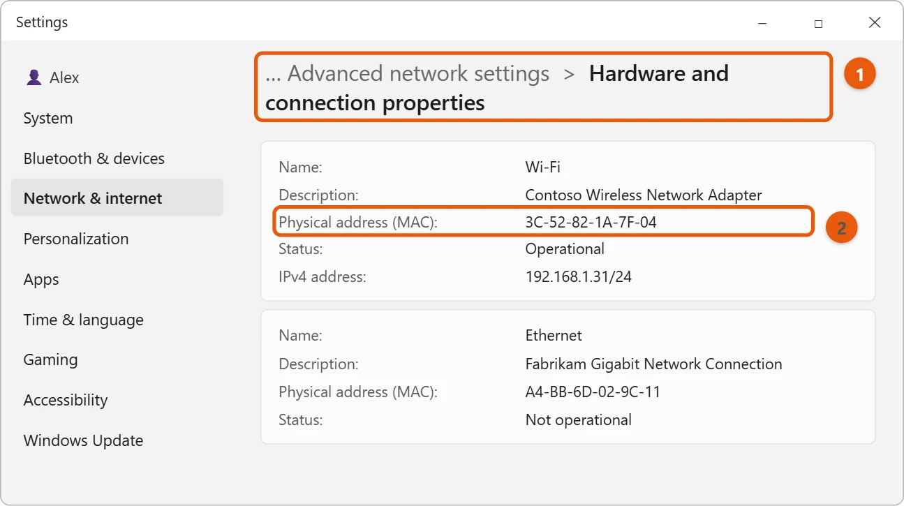 How to Find Your MAC Address in Windows 11 1 Windows 11 Hardware and connection properties with the Wi-Fi Physical address (MAC) highlighted