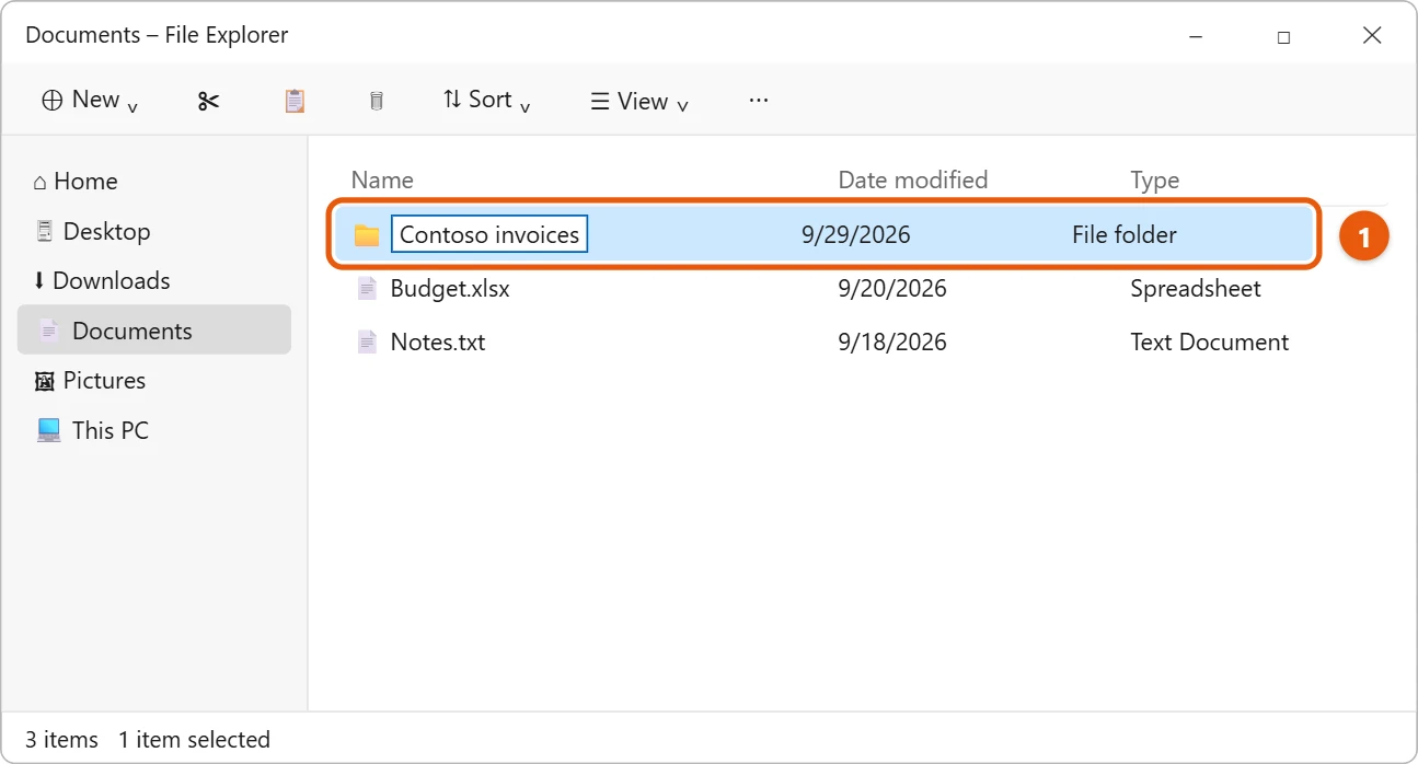 How to Create a New Folder in Windows 11 2 File Explorer with a new folder named Contoso invoices