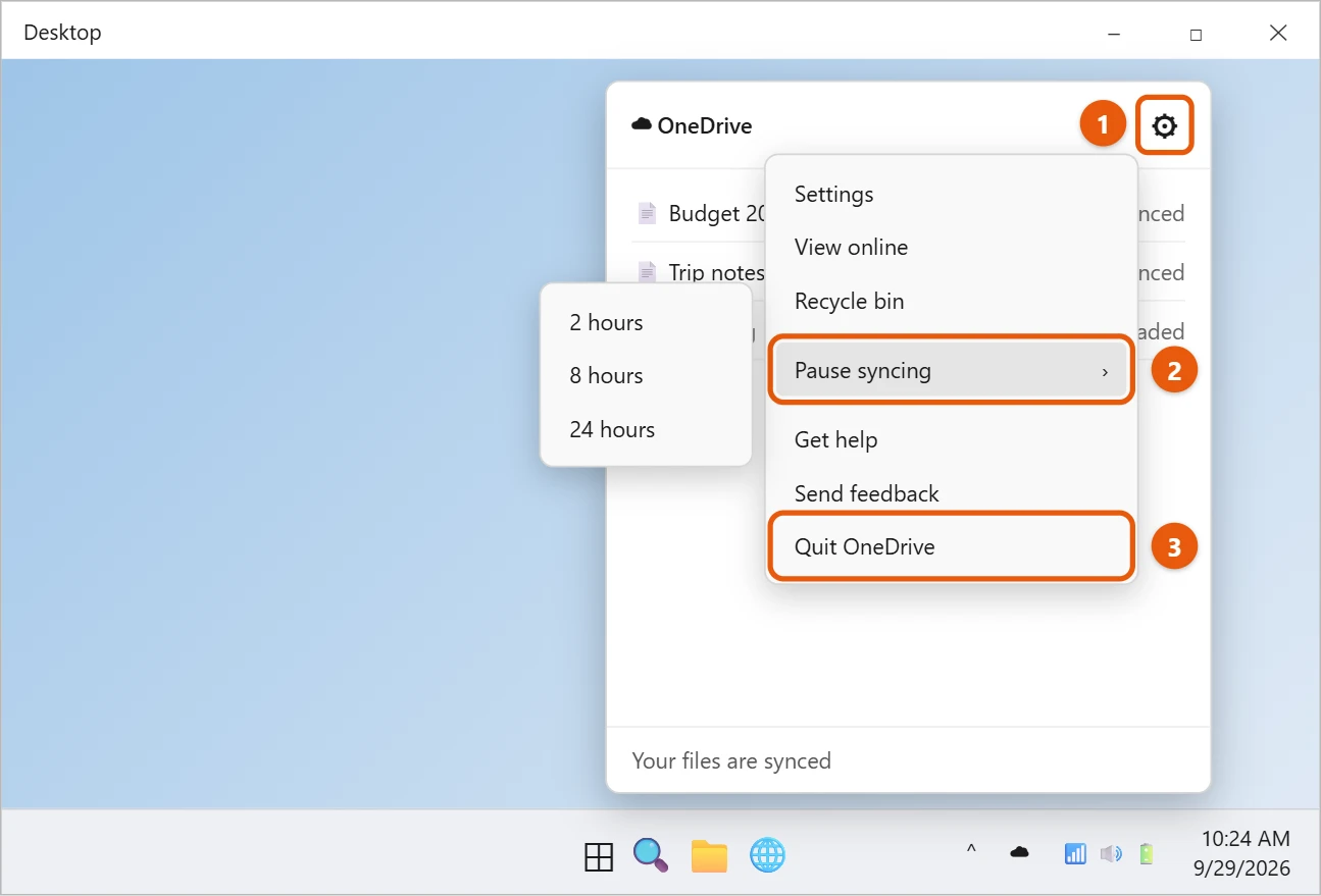 How to Turn Off OneDrive in Windows 11 1 Illustration of the Windows 11 OneDrive panel above the taskbar with the Help and Settings gear menu open, Pause syncing expanded to 2, 8 and 24 hours, and Quit OneDrive highlighted