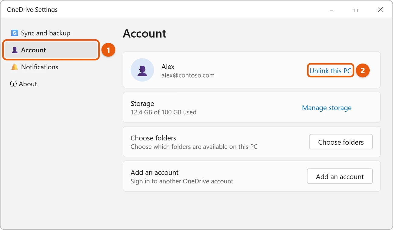 How to Turn Off OneDrive in Windows 11 3 Illustration of the OneDrive Settings window in Windows 11 on the Account tab with the Unlink this PC link highlighted