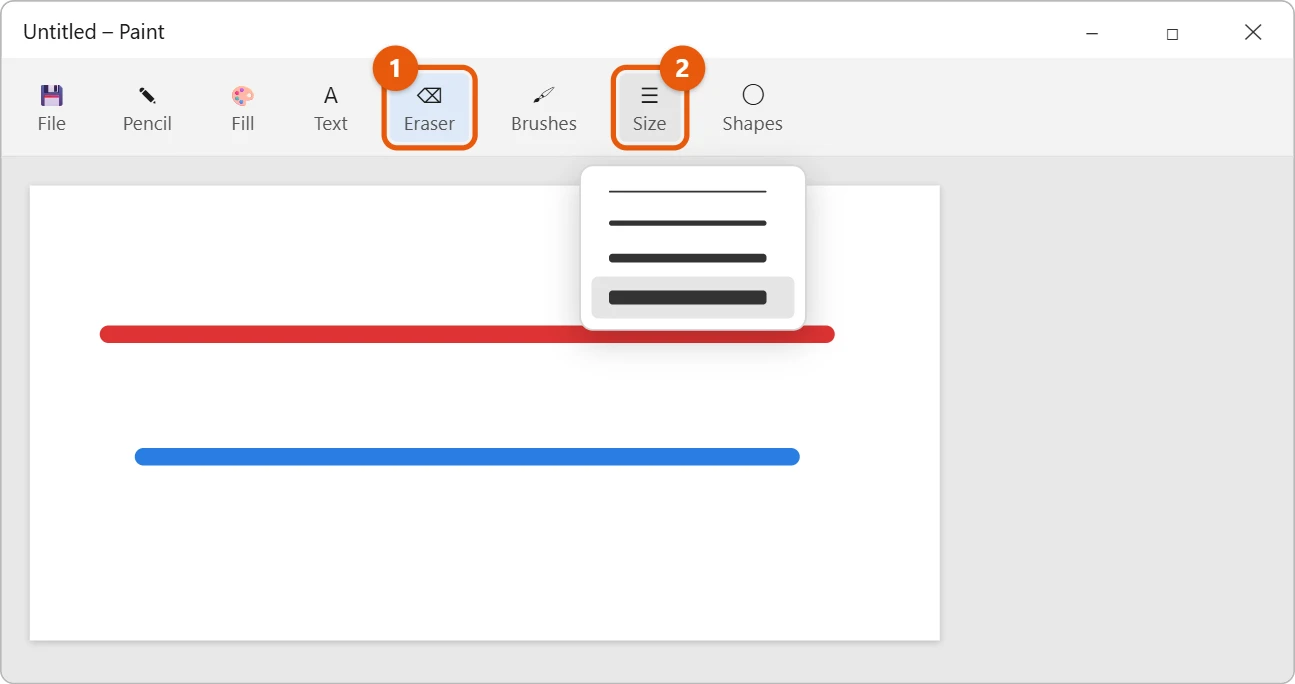 How to Make the Eraser Bigger in Paint on Windows 11 1 Paint toolbar in Windows 11 with the Eraser selected and the Size menu open on the thickest line