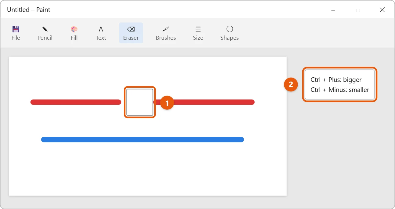 How to Make the Eraser Bigger in Paint on Windows 11 2 Paint canvas with a large square eraser clearing part of a red line and a note showing Ctrl + Plus and Ctrl + Minus