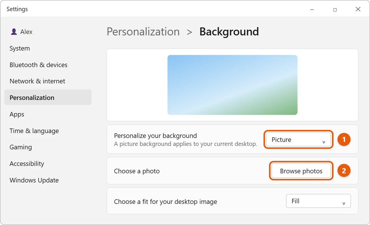 How to Customize Windows 11 2 Illustration of Windows 11 Settings Personalization Background page with the Picture option and the Browse photos button highlighted