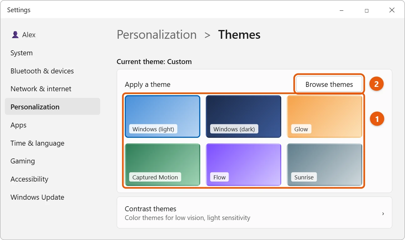 How to Customize Windows 11 1 Illustration of Windows 11 Settings Personalization Themes page with the list of themes and the Browse themes button highlighted