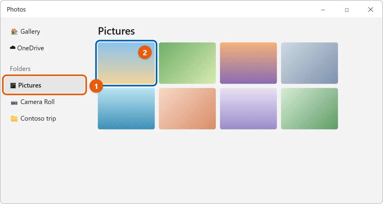 How to View Pictures as a Slideshow in Windows 11 1 Photos app with the Pictures folder selected and the first picture highlighted