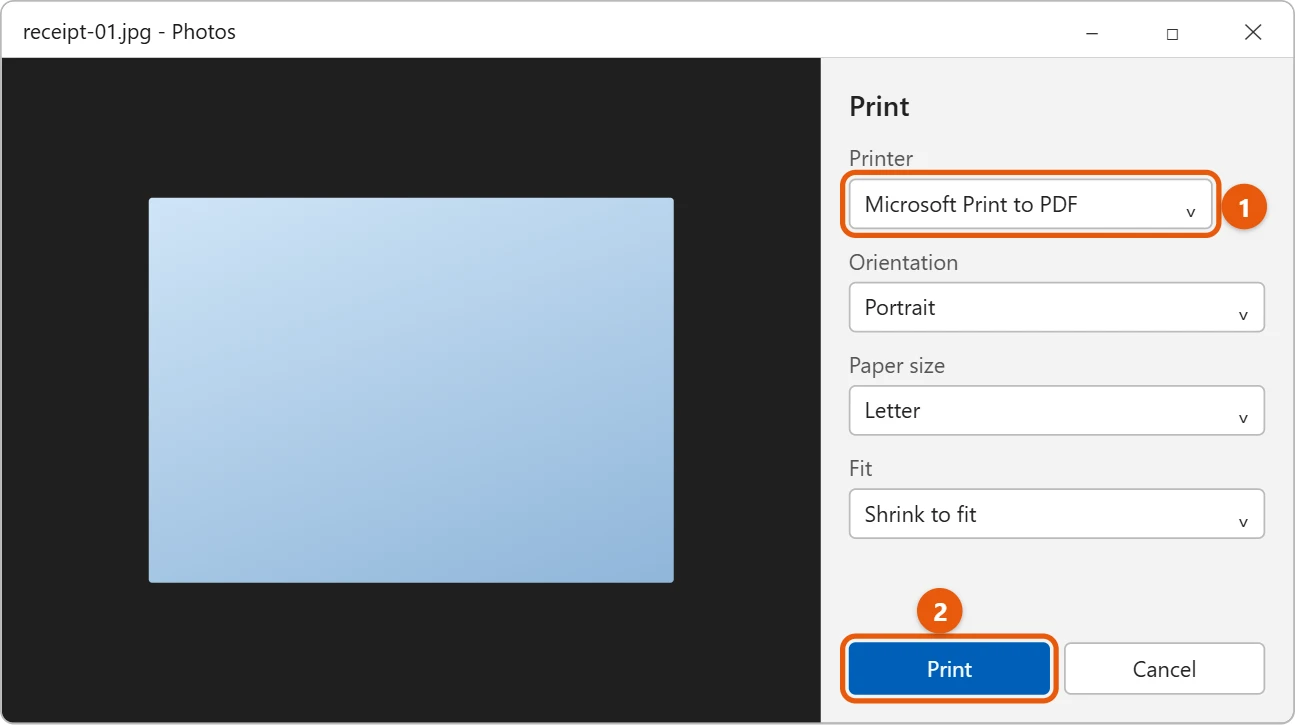 How to Convert JPG to PDF on Windows 11 3 Illustration of the Windows 11 Photos app print panel with Microsoft Print to PDF selected as the printer and the Print button highlighted